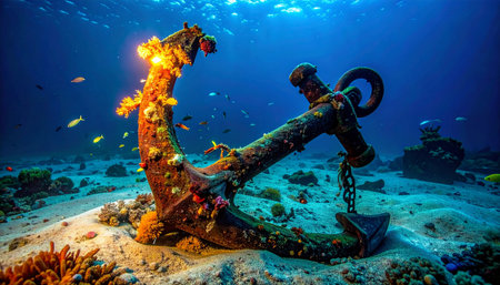 An ancient, rust-covered anchor lies forgotten on the sandy ocean floor, a silent testament to a long-lost voyage.の素材