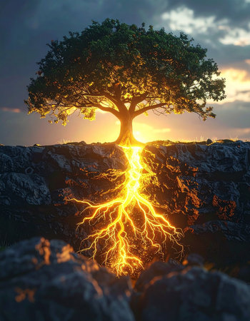 Beneath the tranquil silhouette of a solitary tree at sunset, a powerful secret is revealed.の素材