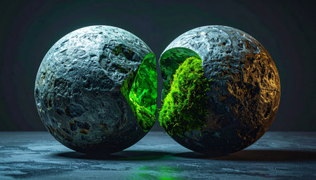 Two mysterious, stone-like spheres rest on a dark, reflective surface. They are cracked open, revealing a vibrant, glowing green core that pulses with hidden energy and life.の素材