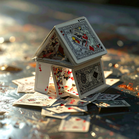 A carefully constructed house of cards stands as a testament to patience and precision.の素材