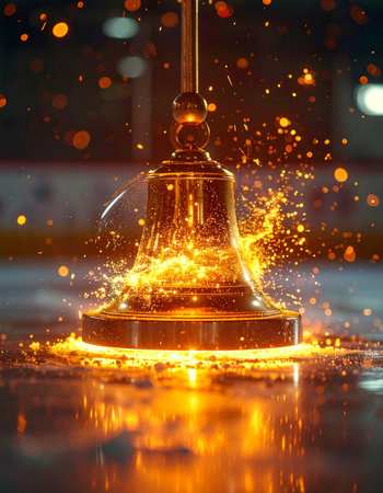 A golden bell rings out with tremendous force, its powerful impact creating a brilliant explosion of fiery sparks and molten light.の素材