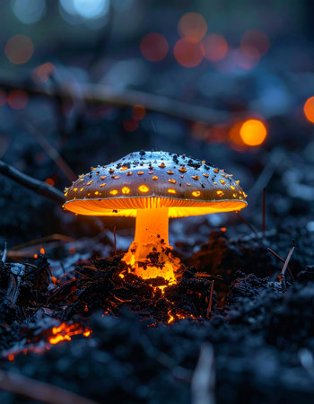 In the heart of a deep, enchanted forest, a single magical mushroom illuminates the darkness.の素材