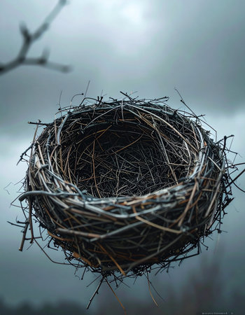 An intricately woven bird's nest hangs empty against a cool, overcast sky, a poignant symbol of home, departure, and the quiet anticipation of a new season.の素材