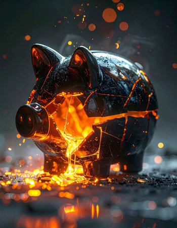 A dramatic depiction of a financial crisis as a black piggy bank cracks under immense pressure, revealing a molten, fiery core.の素材