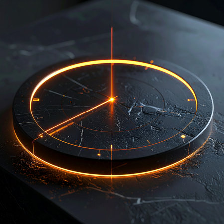 An ancient yet futuristic device rests on a stone altar, its luminous dial glowing with mysterious orange energy.の素材