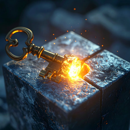 In the heart of an ancient ruin, a single ornate golden key glows with magical energy as it turns within a mysterious stone lock.の素材