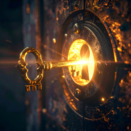 A brilliant beam of light erupts as an ornate golden key meets its ancient lock. This is the moment of breakthrough, unlocking a hidden secret, a valuable opportunity, or a magical new world.の素材