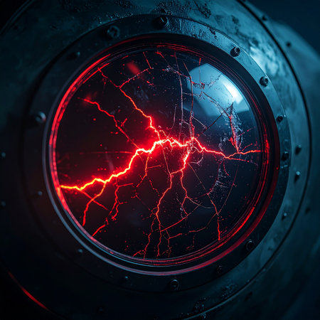 A glimpse through a reinforced, cracked porthole reveals the volatile heart of a futuristic reactor.の素材