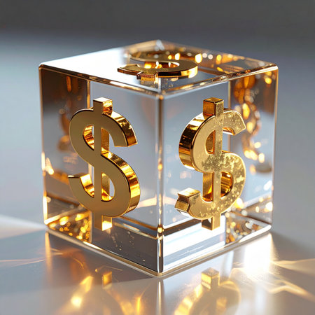 Golden dollar symbols are perfectly preserved within a flawless crystal cube, representing the core concepts of protected assets, financial security, and the intrinsic value of capital.の素材