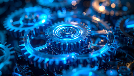 Deep within a futuristic engine, intricate gears glow with a cool blue light, turning in perfect synchrony.の素材