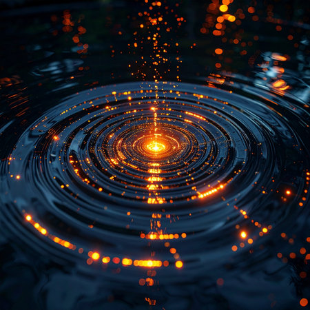 A single point of golden energy makes contact with a dark, still surface, sending out mesmerizing concentric ripples.の素材