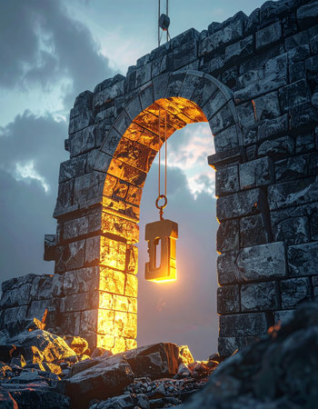 A single, warm lantern glows within a weathered stone archway, a beacon of hope against a dramatic, stormy sky.の素材