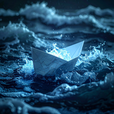 A lone paper boat, fragile yet determined, navigates the turbulent waves of a dark, stormy sea.の素材