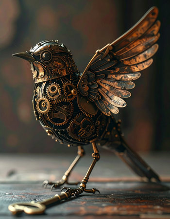 A meticulously crafted steampunk bird, a marvel of gears and polished bronze, stands poised with a vintage key.の素材