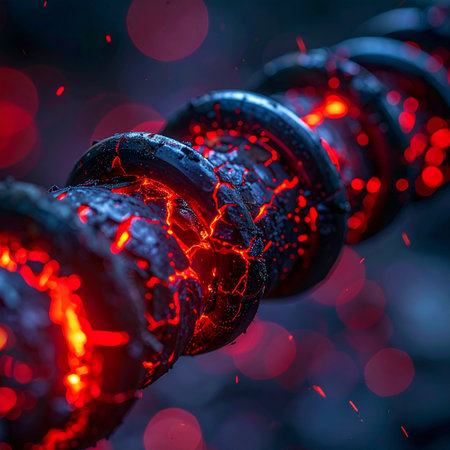 A heavy metal chain glows with intense, molten heat, its links forged under immense pressure.の素材