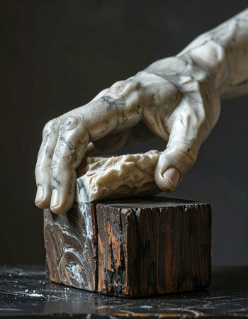 In the quiet of an artist's studio, a sculpted hand rests upon a raw block of wood.の素材