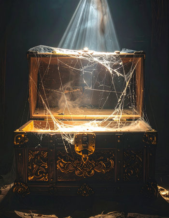 In a forgotten chamber, a single, divine beam of light cuts through the darkness, revealing an ancient treasure chest.の素材
