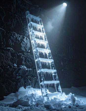 In the depths of a frozen, dark cave, a single beam of light reveals an impossible structure: a ladder sculpted from pure ice.の素材