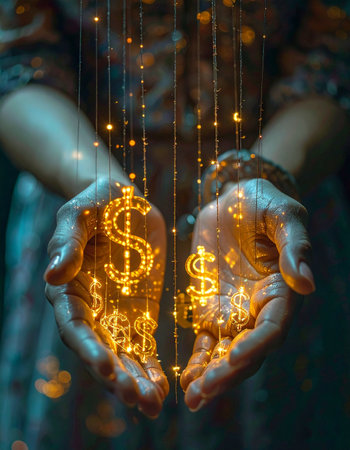 A pair of hands gently cups streams of luminous data, where glowing dollar signs materialize like magic.の素材