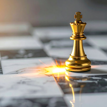 In a game of wits and foresight, the golden king stands alone, illuminated by the light of victory.の素材