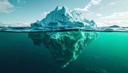 A majestic iceberg floats serenely in the cold arctic ocean, its visible peak only hinting at the immense, hidden mass submerged in the deep blue water.の素材