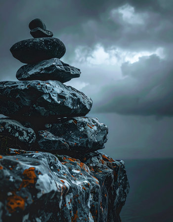 A carefully balanced stack of zen stones stands as a symbol of stability and mindfulness on a rocky cliff.の素材