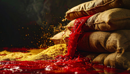 In the dim light of a bustling market, rustic burlap sacks overflow with a vibrant explosion of color and aroma.の素材