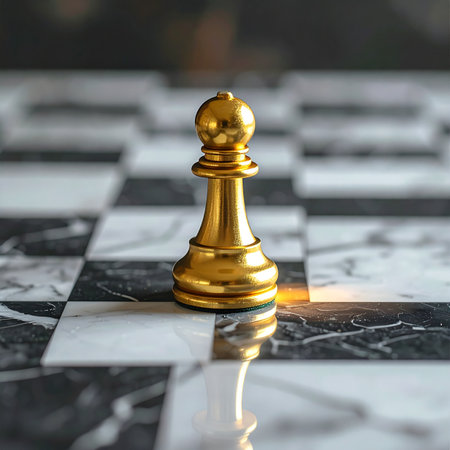 A single golden pawn stands ready on a luxurious marble chessboard, its reflection gleaming on the polished surface.の素材