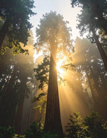 Golden sunbeams pierce through the morning mist of an ancient redwood forest, illuminating a giant sequoia in a breathtaking display.の素材