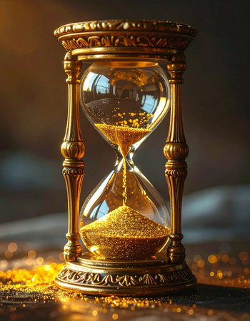 Golden sand flows through an ornate, vintage hourglass, marking the inexorable passage of time.の素材