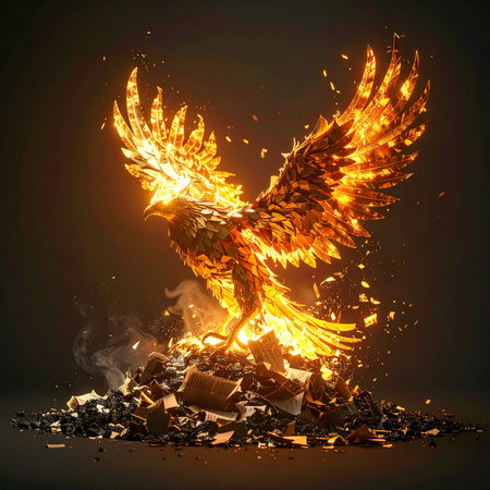 From a smoldering pile of ashes, a magnificent phoenix is reborn in a brilliant display of fire and light.の素材