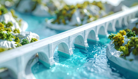 A beautifully crafted miniature bridge arches gracefully over a crystal-clear turquoise river, connecting two lush, verdant shores.の素材