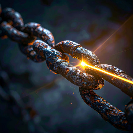 In a long line of weathered and corroded connections, one link glows with intense, internal power.の素材