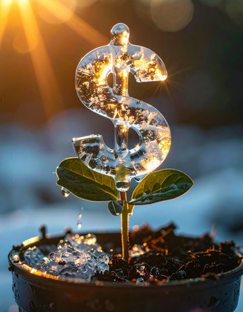In the warm glow of a new economic dawn, a frozen dollar sign asset begins to thaw.の素材
