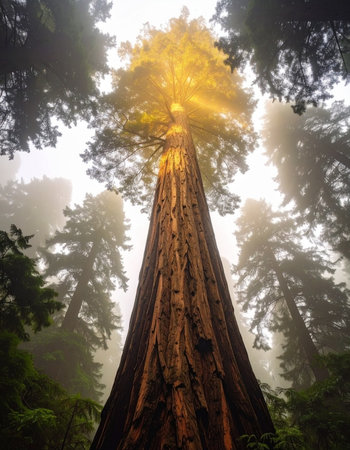 From a low angle perspective, golden sunlight breaks through the morning fog to illuminate the crown of a majestic giant redwood tree.の素材
