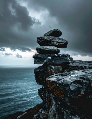 A carefully balanced stack of stones stands as a symbol of tranquility and mindfulness against a backdrop of a dramatic, stormy sea.の素材