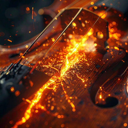 A close-up captures the soul of music as a bow strikes the strings of a violin, unleashing a torrent of fiery, glowing sparks.の素材