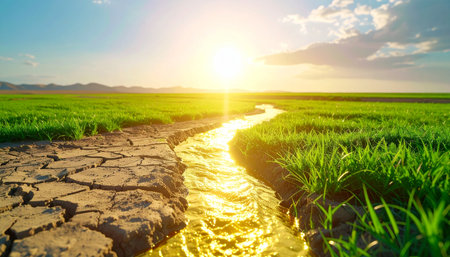 A golden stream of life-giving water carves a path between a parched, cracked earth and a vibrant, lush green field.の素材