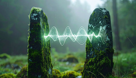 In a misty, forgotten forest, two ancient moss-covered monoliths hum with a mysterious power.の素材