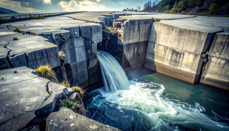 Water surges through the weathered, geometric channels of a massive concrete dam.の素材