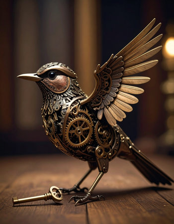 A beautifully crafted steampunk bird, assembled from intricate gears and polished brass, stands poised on a wooden table.の素材