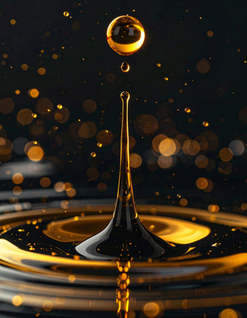 A single, perfect drop of precious golden liquid falls with precision, creating an elegant splash and concentric ripples on a dark, reflective surface.の素材