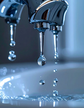 In a quiet moment, a single drop of water hangs suspended from a modern chrome faucet before falling to join the ripples below.の素材