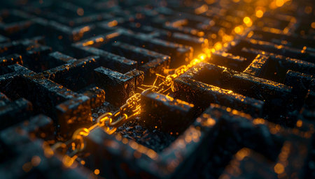A glowing line of energy successfully navigates a dark, intricate labyrinth, representing the discovery of a clear solution to a complex problem.の素材