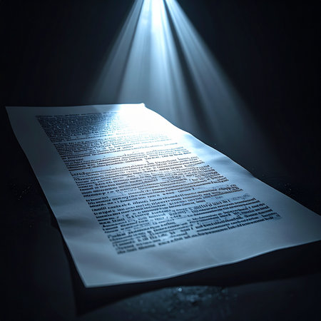 In a dark, silent room, a single beam of divine light cuts through the blackness, illuminating a crucial document.の素材