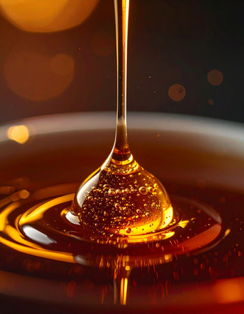 A perfect, glistening drop of rich golden honey falls in slow motion, its viscous texture catching the warm light.の素材