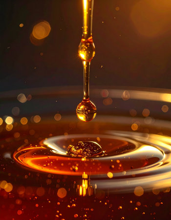 A single, perfect drop of golden honey falls with mesmerizing slowness, creating delicate concentric ripples on the surface of a rich, amber pool.の素材