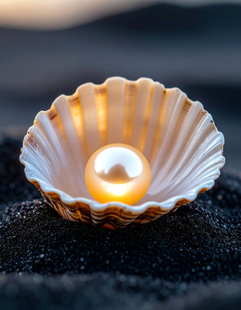 A single, perfect pearl glows with a warm, internal light, nestled within the protective embrace of an open seashell.の素材