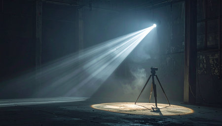 In a dark, empty space, a single, powerful spotlight cuts through the hazy air, illuminating a lone tripod on the stage.の素材