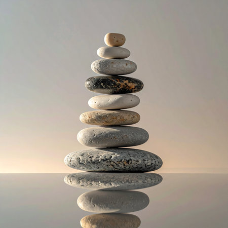 A carefully constructed tower of smooth stones stands in perfect equilibrium, its form mirrored in the still surface below.の素材